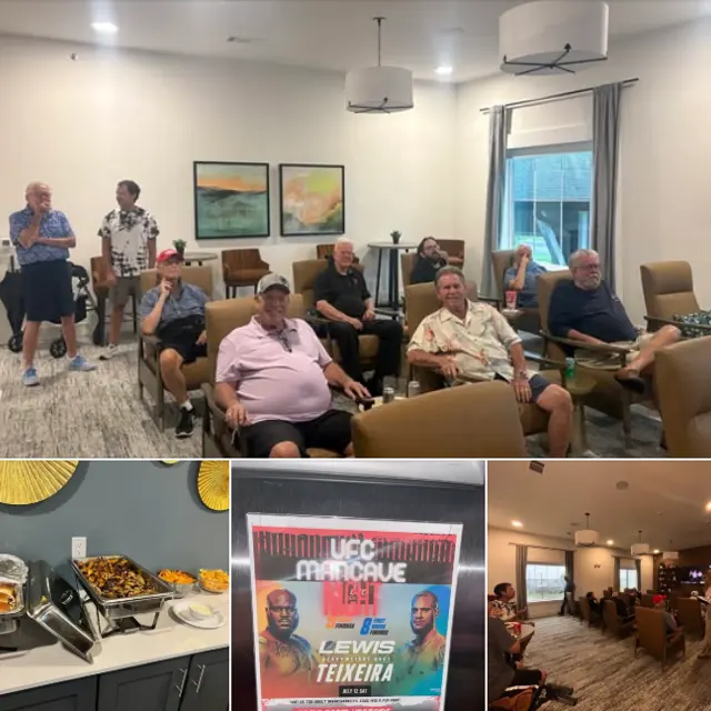 A gathering of people in a lounge watching an MMA ManCave Time event.