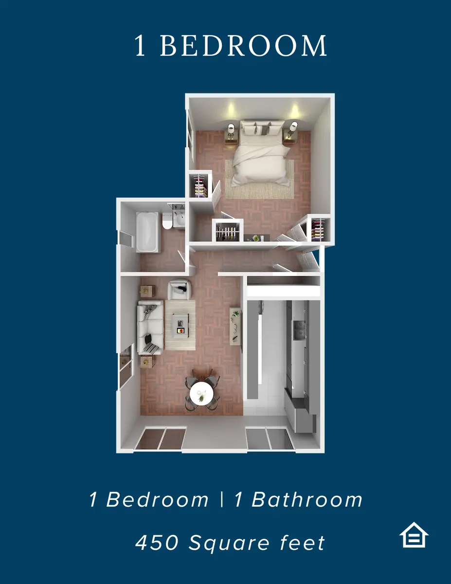 A top-down view of a one-bedroom apartment layout, featuring a bedroom, bathroom, and kitchen area, with a total size of 450 square feet.