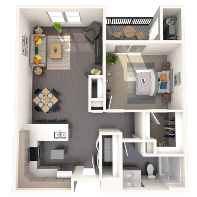 An overhead view of a one-bedroom apartment layout showing a living area with a sofa, coffee table, and chairs, a dining area with a table for four, a kitchen with appliances, a bedroom with a bed and side tables, and a bathroom.