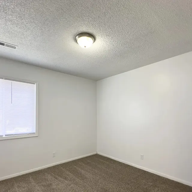 An empty room with beige carpet and white walls. A small window with blinds lets in natural light from the left. A ceiling light fixture provides additional illumination.