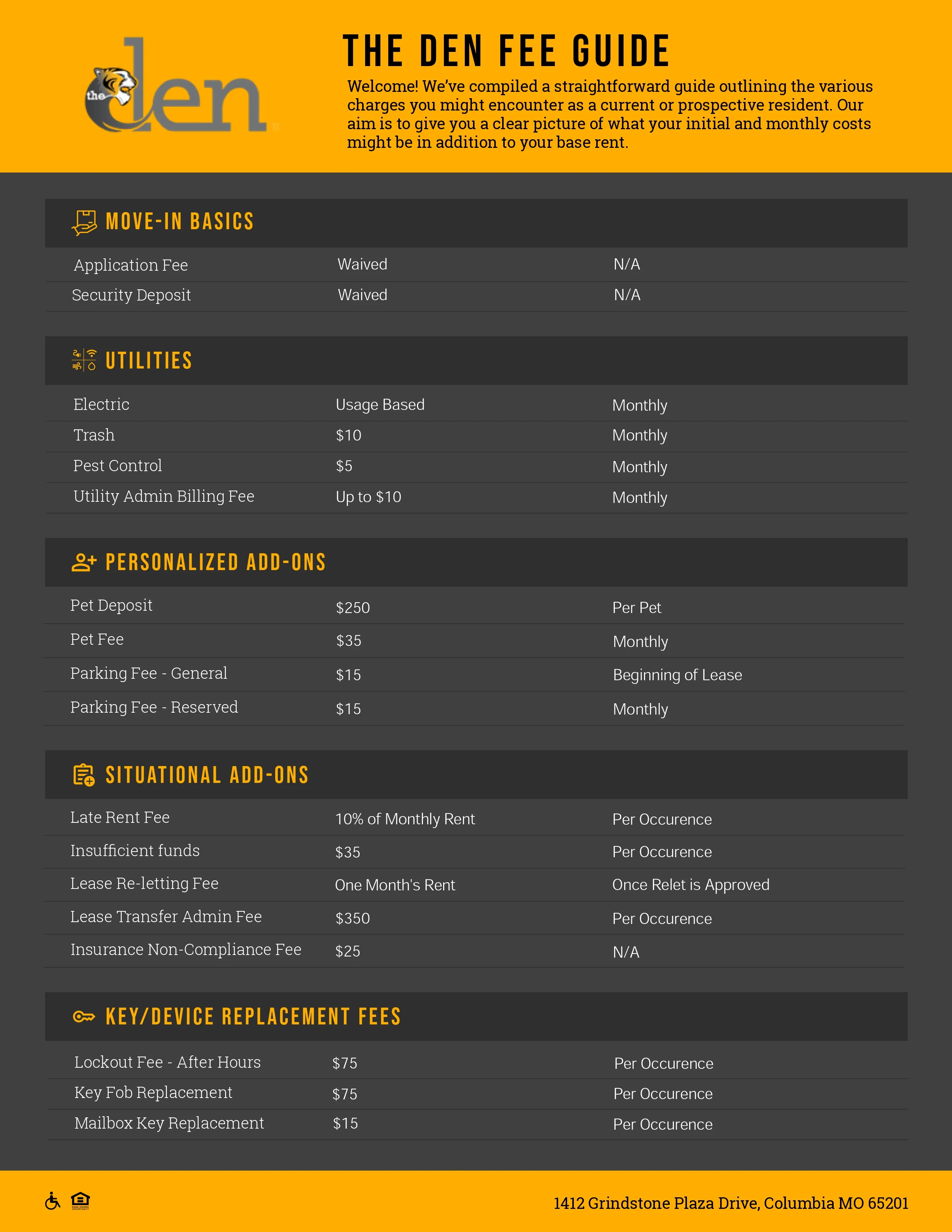 A fee guide for a housing complex titled 'The Den Fee Guide', outlining various charges for prospective residents, including move-in basics, utilities, personalized add-ons, situational add-ons, and key/device replacement fees. The guide includes sections for application fee, security deposit, electric, pet fee, parking fees, and replacement costs, along with corresponding payment frequencies.
