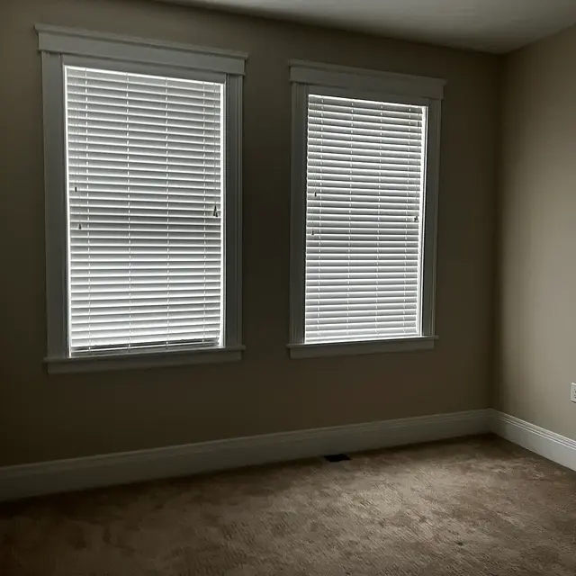 An empty room with two windows featuring white blinds, carpeted floor, and beige walls.