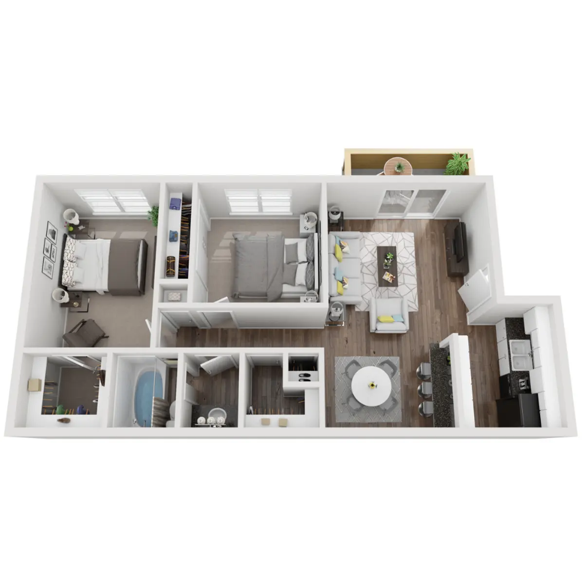 A 3D floor plan of an apartment showcasing a living area, kitchen, bedrooms, and bath areas.