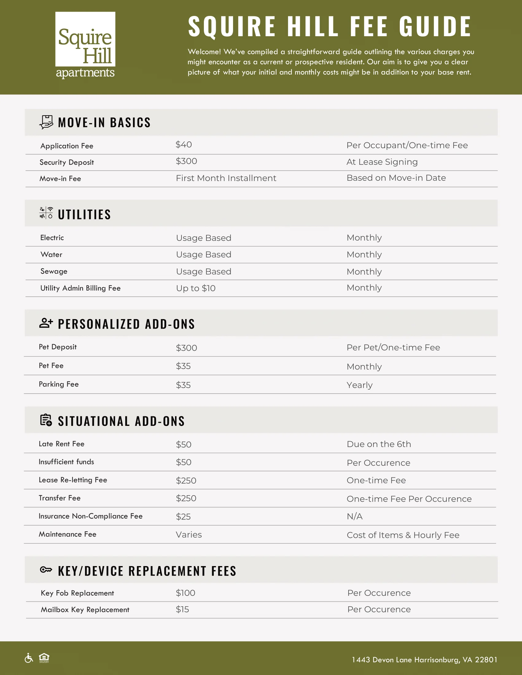 Fee guide for Squire Hill apartments detailing various costs including application fee, security deposit, utilities, and additional fee options.