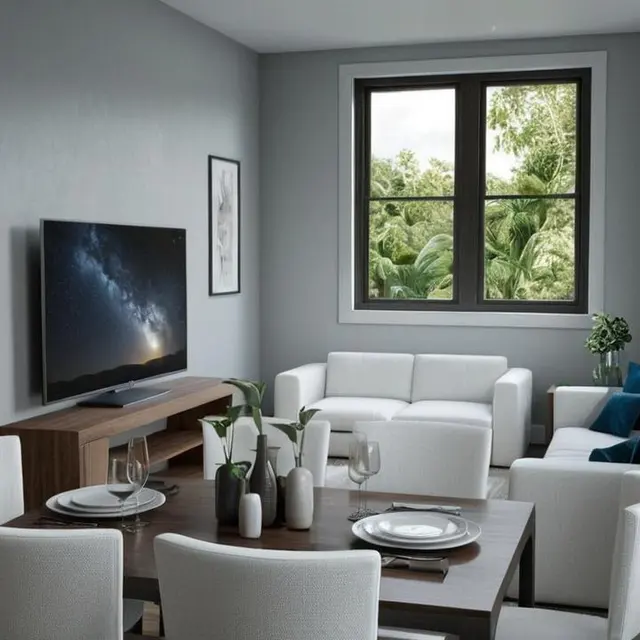 A modern living room featuring a dining area with a wooden table set for four, white chairs, and a sofa. The room has a large window with greenery visible outside and is decorated with artwork on the walls.