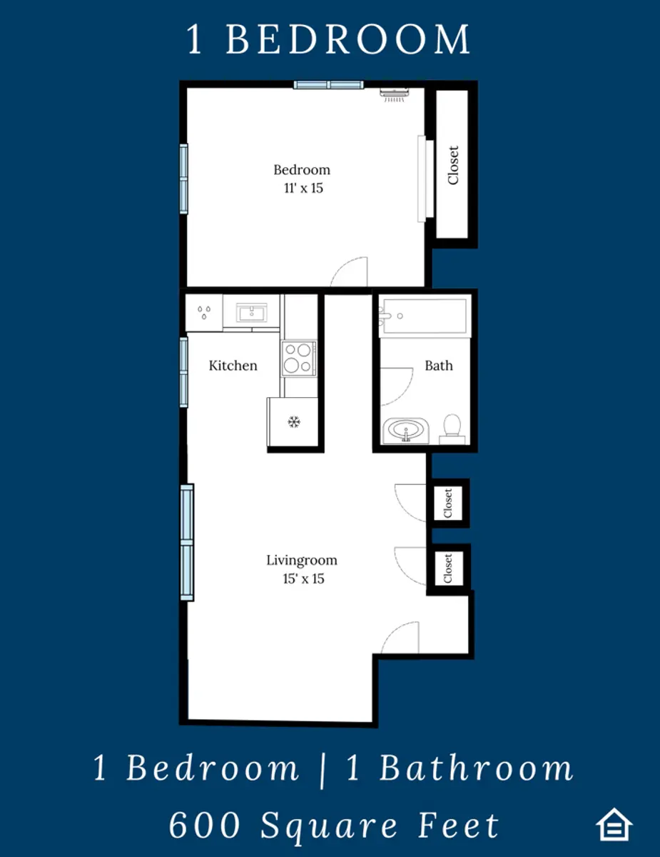 A floor plan of a 1 bedroom apartment layout showing a bedroom, kitchen, living room, and bathroom, with dimensions indicated.