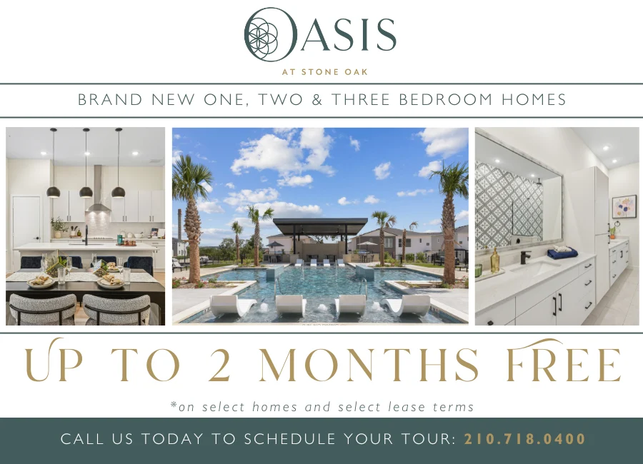 Oasis at Stone Oak - New Homes Available Promotional image for Oasis at Stone Oak showcasing the interior and exterior of new homes along with a swimming pool area.
