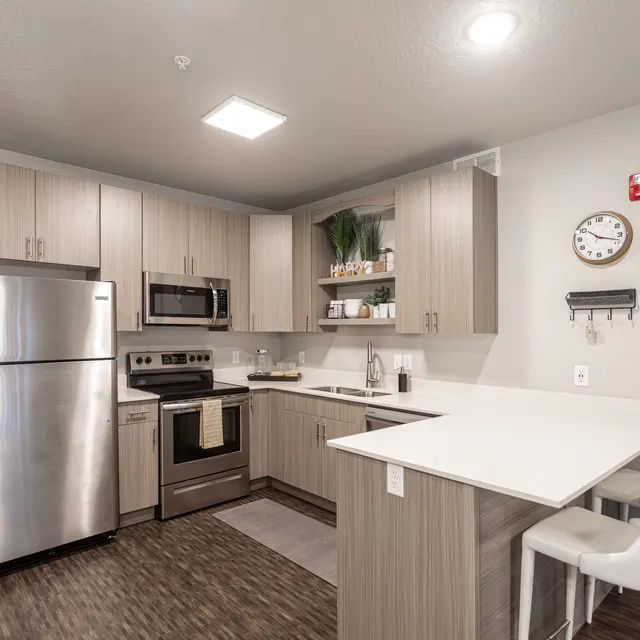 Modern Kitchen Interior A modern kitchen featuring stainless steel appliances, light wooden cabinetry, and an island with seating. The decor is minimalist with plants and kitchen essentials displayed on shelving.