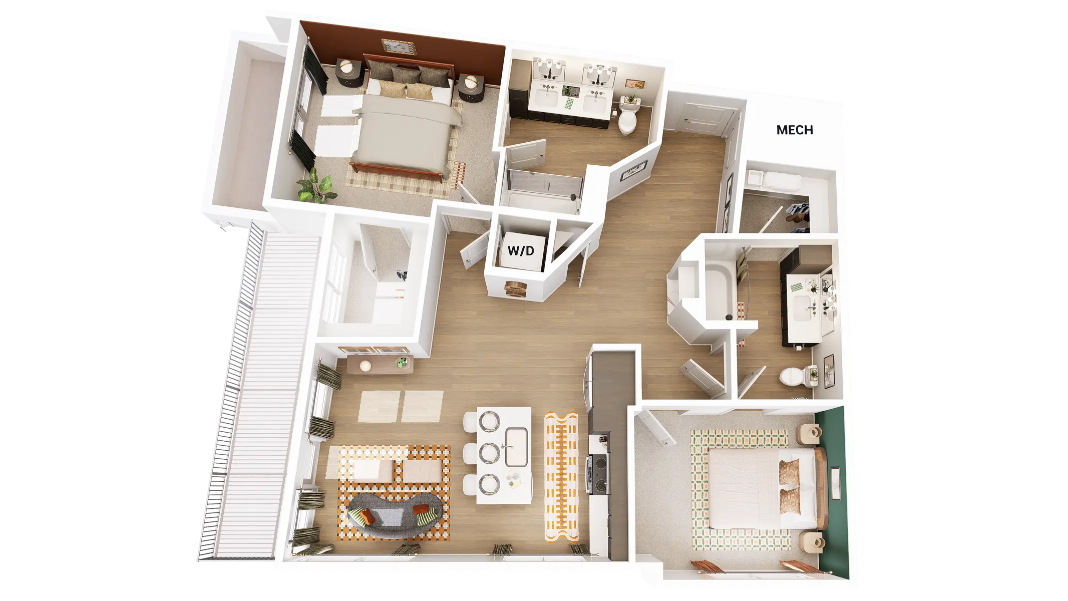 A 3D floor plan of an apartment showing two bedrooms, a living room, a dining area, a kitchen, and a bathroom, with labeled spaces for washer/dryer and mechanical.