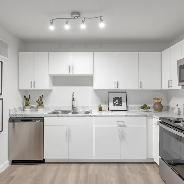 A modern kitchen featuring white cabinetry, stainless steel appliances, and a marble countertop. There are potted plants on the counter and framed artworks on the wall.