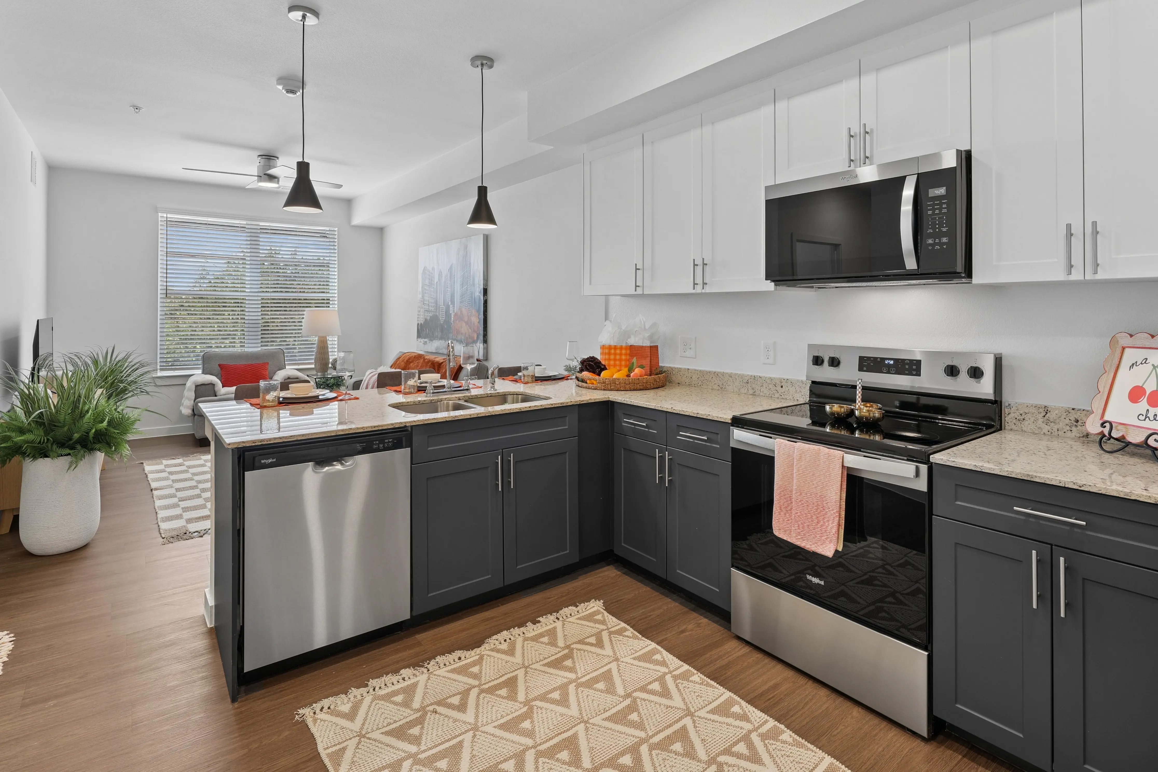 A modern kitchen with dark cabinets, granite countertops, stainless steel appliances, and a decorative rug.