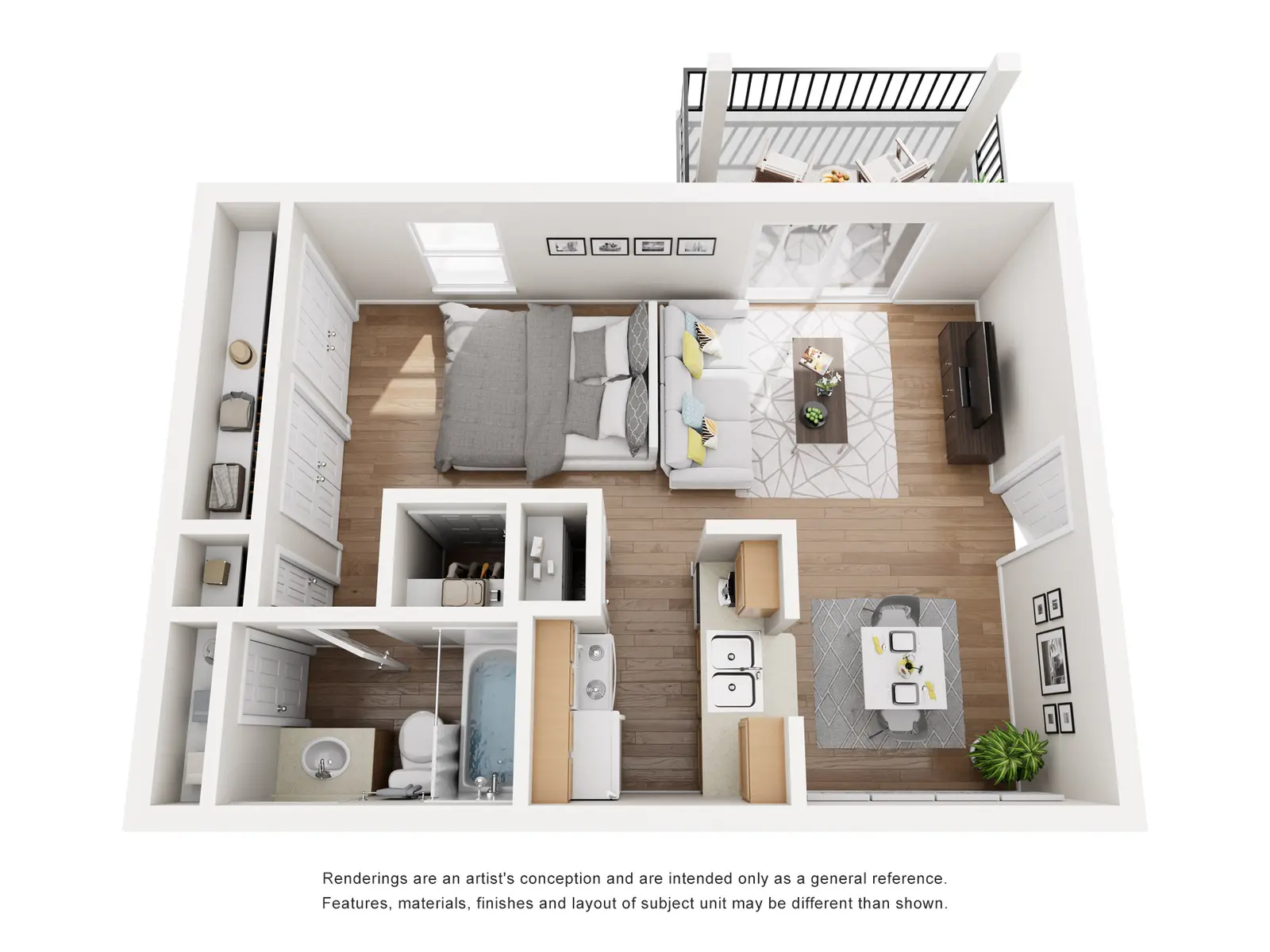 A bird's eye view of a small apartment layout featuring a living area, dining area, kitchen, bathroom, and bedroom with a cozy design.