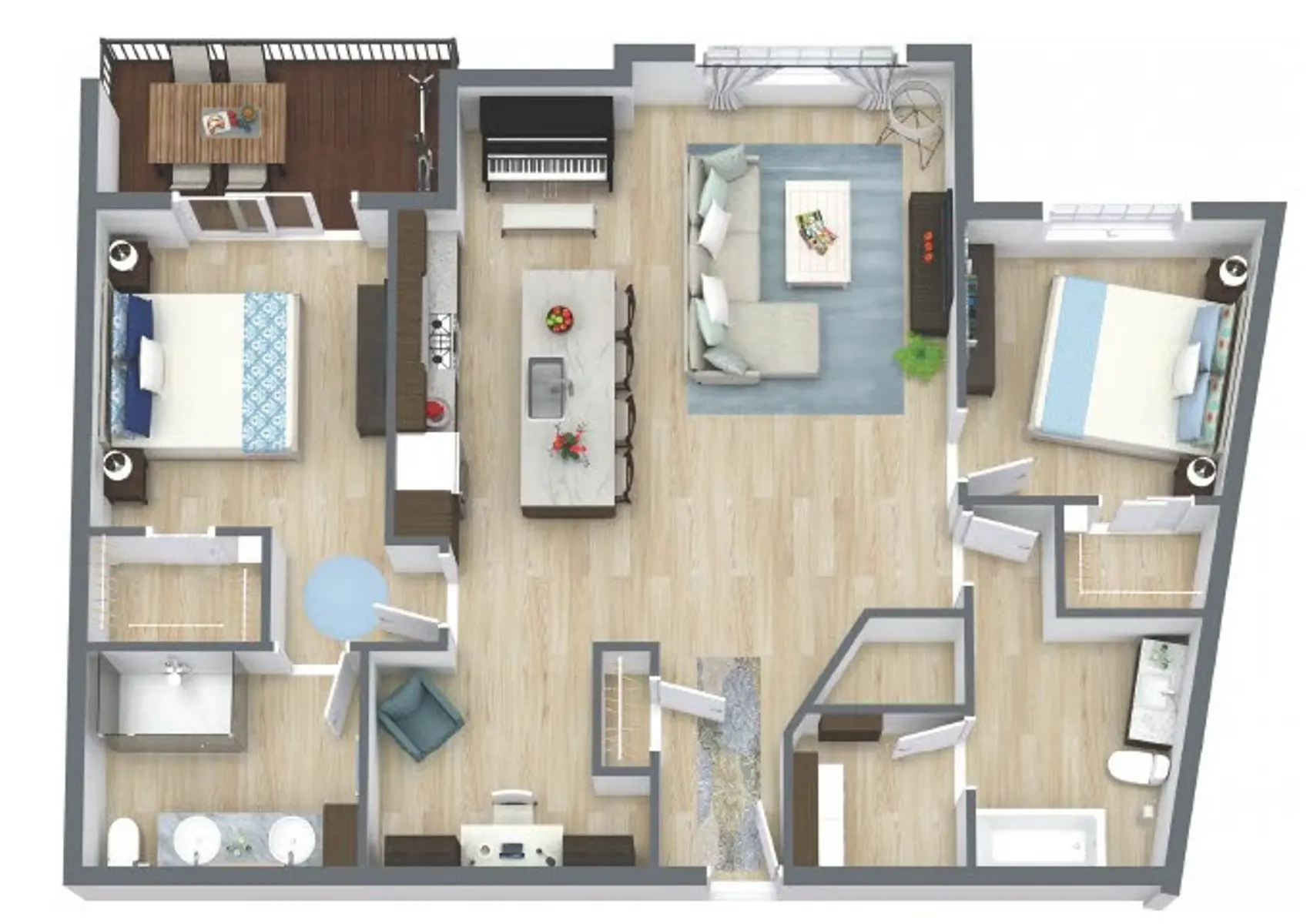 A detailed floor plan of a modern apartment layout showcasing living spaces, bedrooms, and bathrooms.