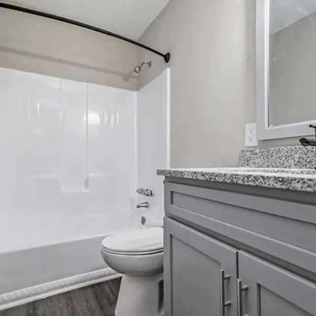 A modern bathroom featuring a white bathtub, toilet, and a granite countertop with a mirror above it.