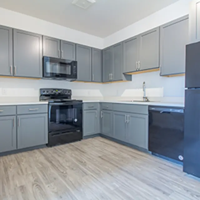 Modern kitchen with gray cabinets and appliances, featuring a wooden floor.