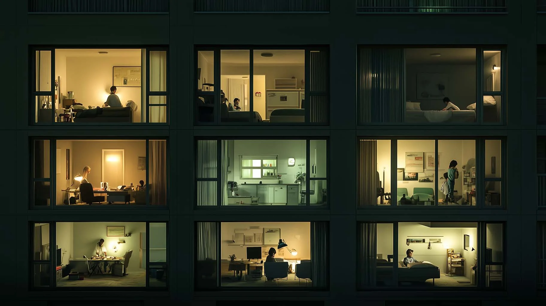 Nighttime Scenes of Urban Living A high-rise apartment building seen at night, featuring multiple illuminated windows showcasing different individuals engaged in various activities, such as working, reading, and spending time alone.