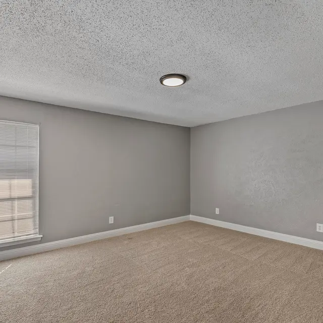 A spacious empty room with light gray walls and carpet. A ceiling light is mounted in the center. There's a window covered with blinds on the left side, letting in natural light. The room appears clean and ready for furnishing.