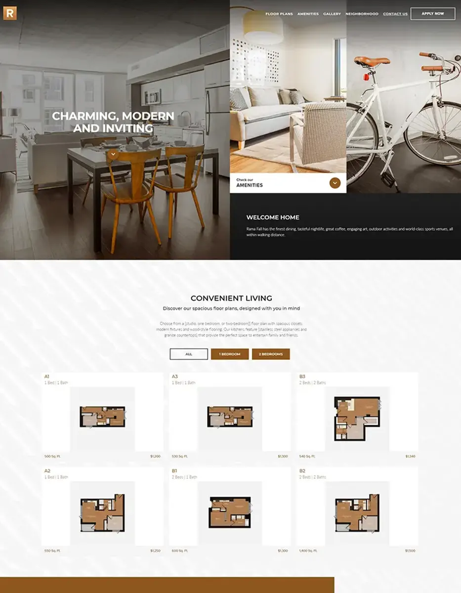 A website design layout for a modern apartment listing, featuring a cozy living space, kitchen area, and a bike. Includes sections for property descriptions and floor plans.