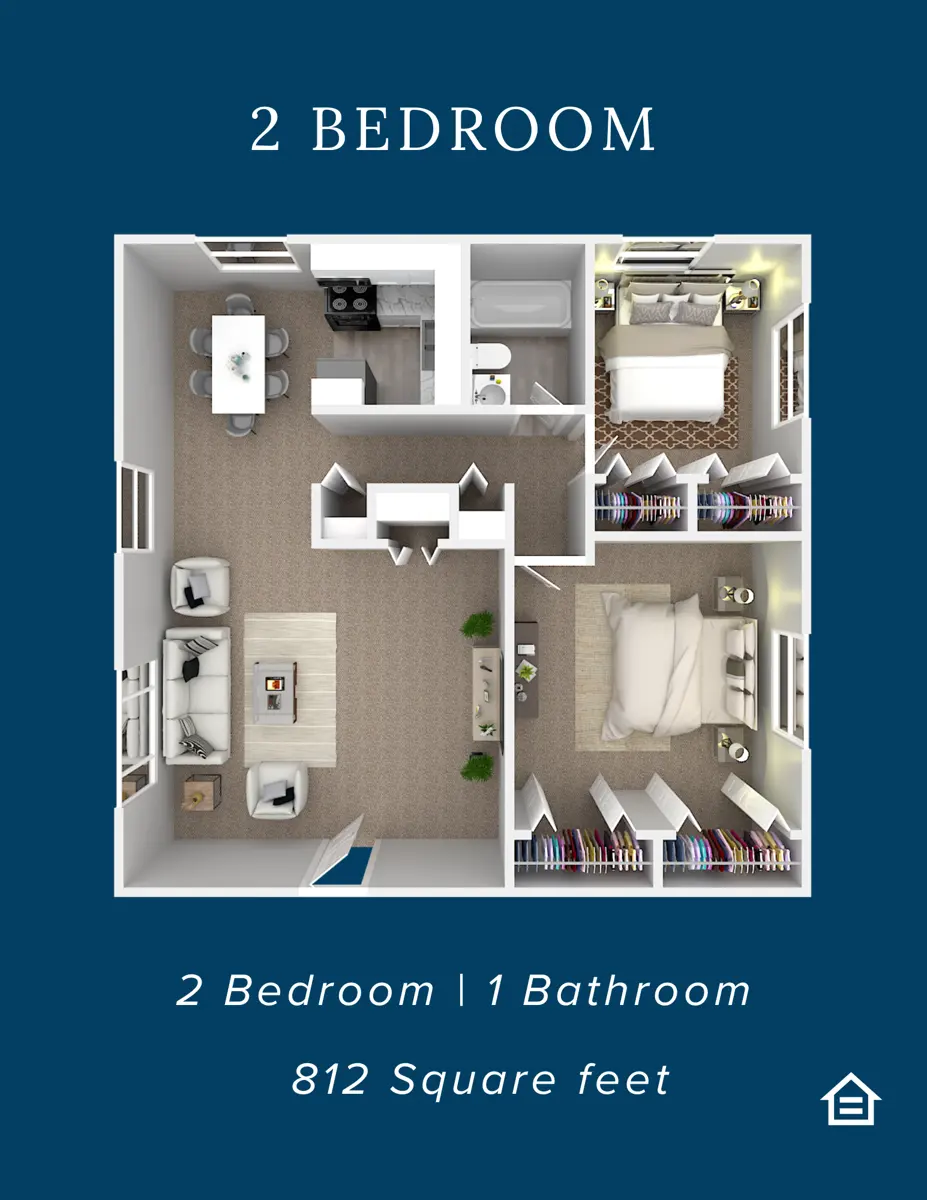A top-down view of a two-bedroom apartment layout featuring a living area, dining space, and kitchen. Each bedroom includes a bed and closet space. The layout is designed for 2 bedrooms and 1 bathroom, occupying 812 square feet.