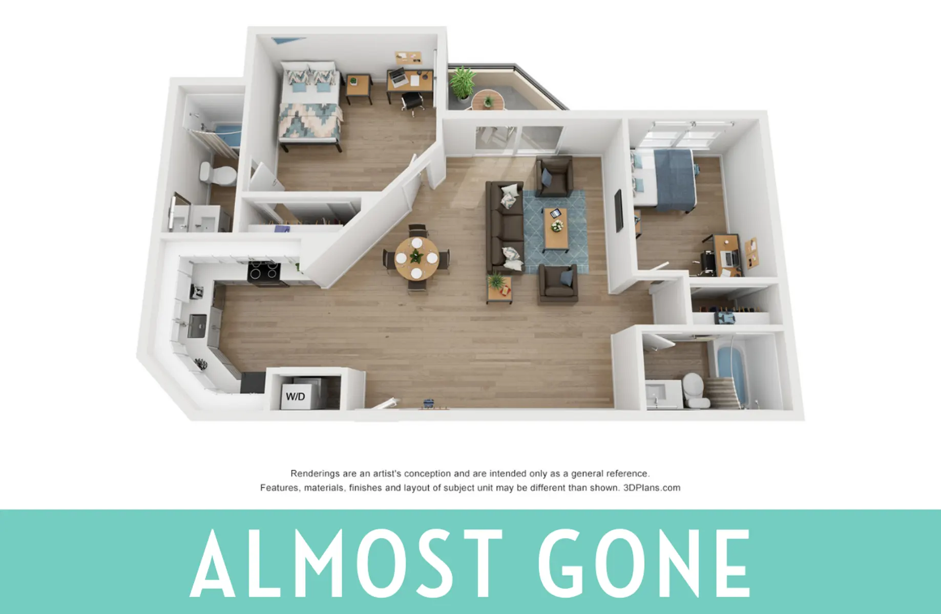 3D rendering of an apartment layout, showing the arrangement of rooms including living areas, bedrooms, and kitchen.