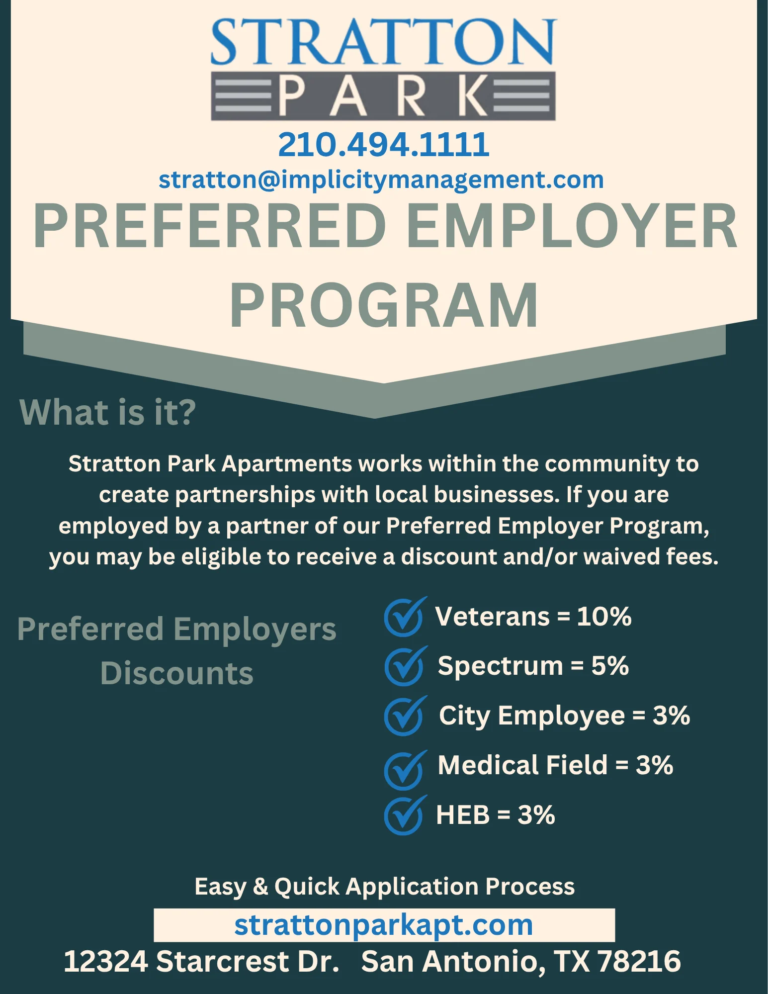 Informational brochure for Stratton Park Apartments' Preferred Employer Program, detailing discounts for eligible employees of partnering businesses.