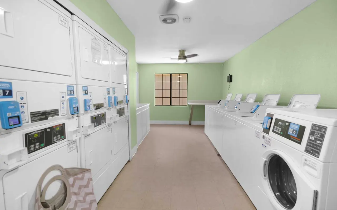 A clean and organized laundry room with several washing machines and dryers, all in white, against a light green wall. A window is visible, providing natural light, and a fan hangs from the ceiling. A bag is placed on the floor.