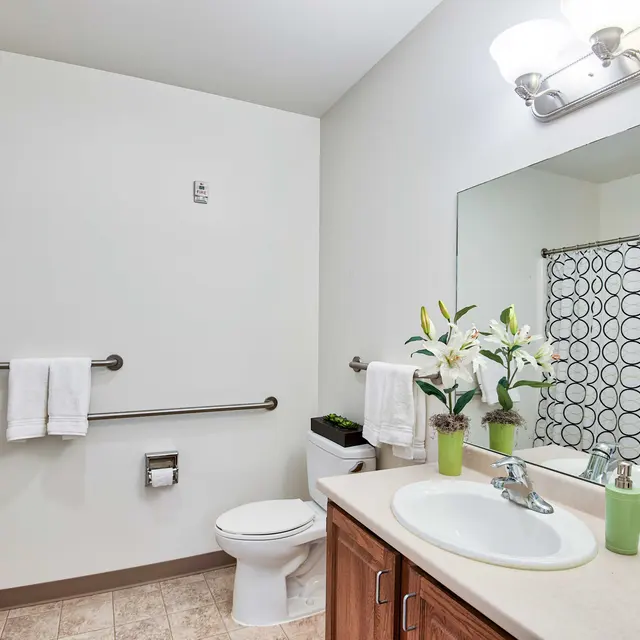 Modern Bathroom Design A modern bathroom featuring a white sink, large mirror, and a toilet. The shower has a circular patterned curtain, and there are two towels hung on a rail. Fresh flowers are displayed in green vases on the counter.
