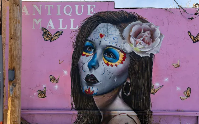 INTRICATE DESIGN A vibrant mural on a pink wall depicting a woman with blue and decorated face paint, a flower in her hair, and surrounded by butterflies.