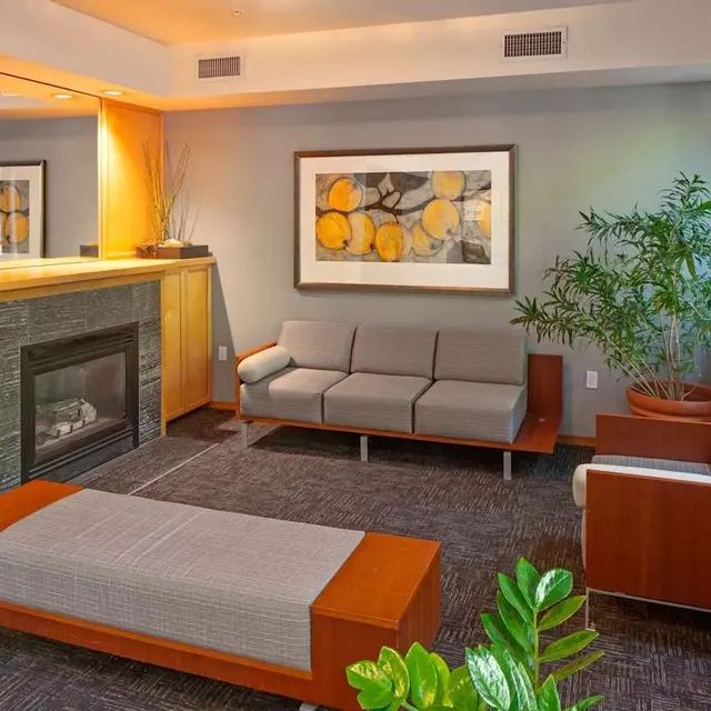 A modern living room with a gray sofa, wooden furniture, and a fireplace. Green plants are present, with large windows allowing natural light in.