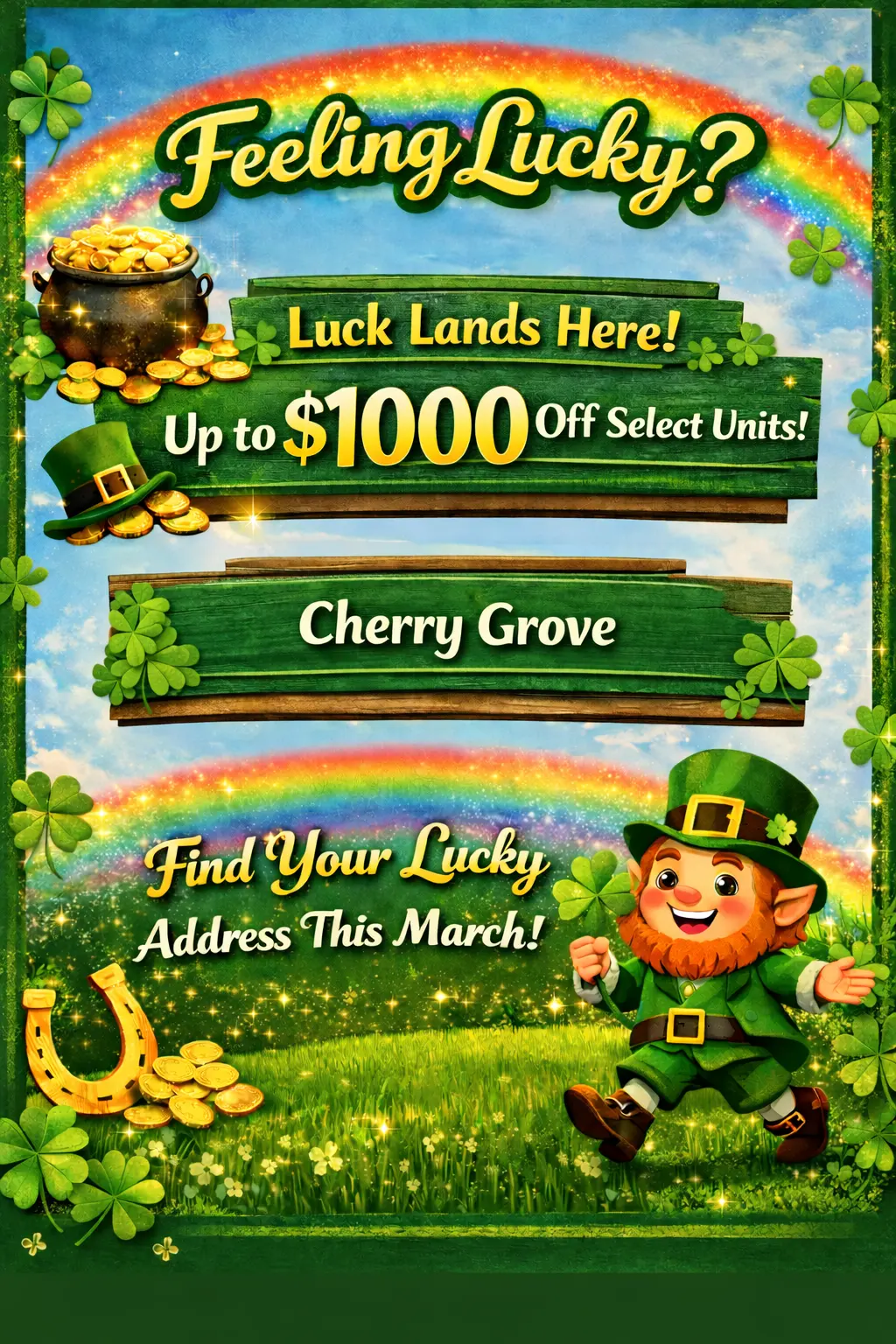 Promotional image about discounts featuring a leprechaun, a pot of gold, and rainbows with a St. Patrick's Day theme.