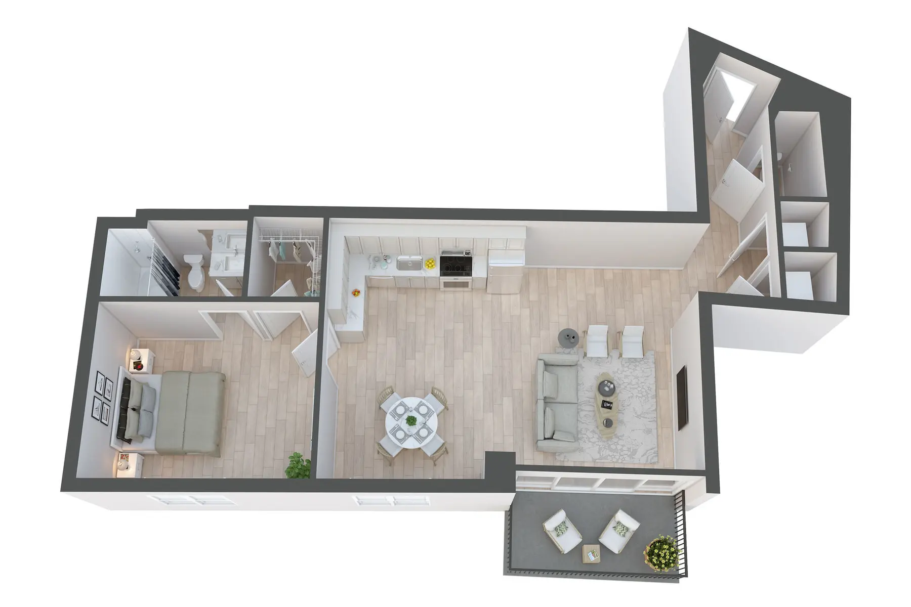 A 3D floor plan showing an apartment layout with a bedroom, living area, kitchen, and outdoor balcony.