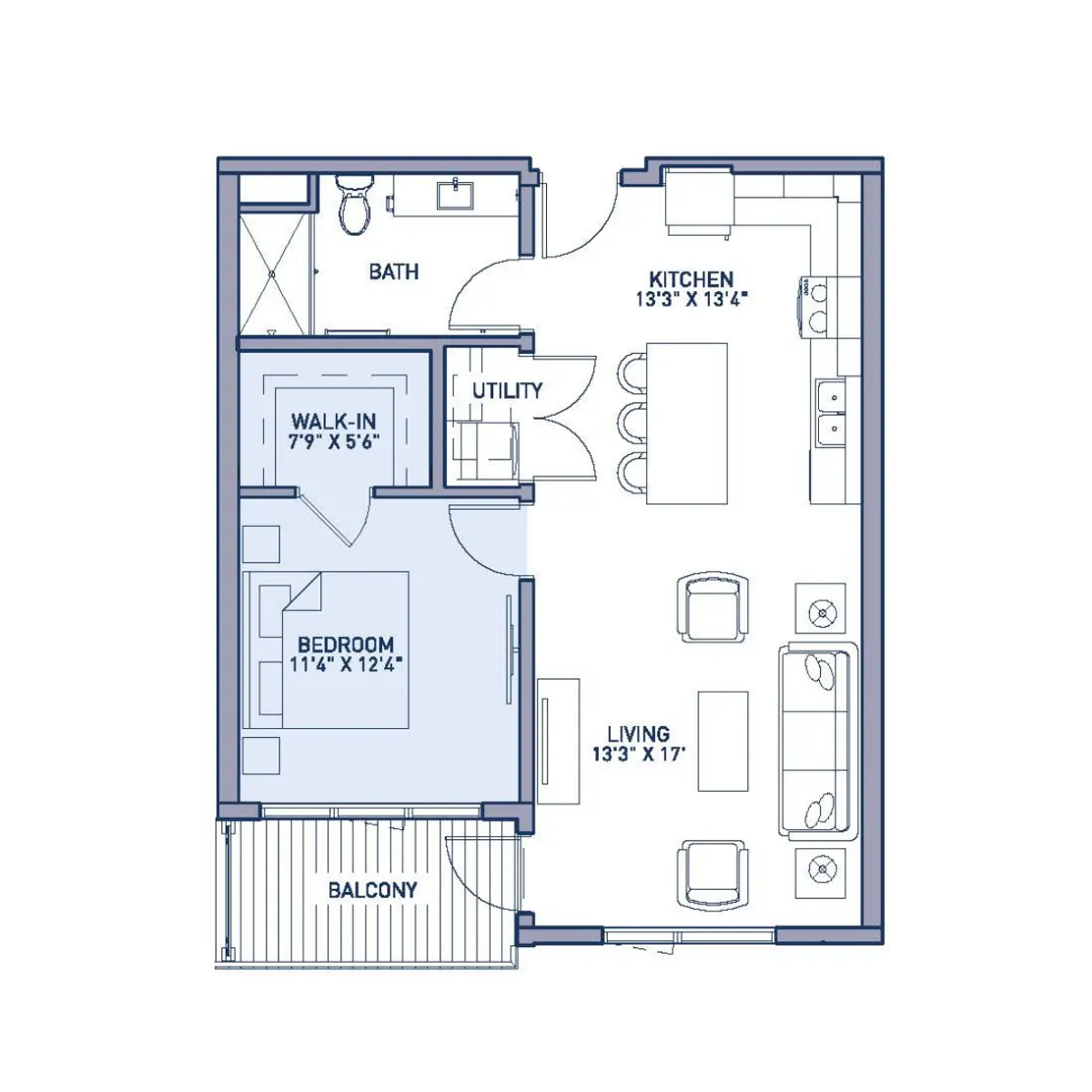 A blueprint of a one-bedroom apartment layout featuring a kitchen, living room, bedroom with a walk-in closet, bathroom, utility area, and a balcony.