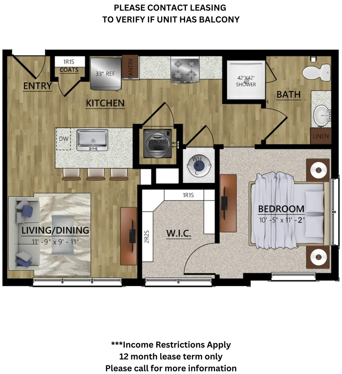 Floor plan of a one-bedroom apartment featuring an entryway, kitchen, living/dining area, bathroom, and bedroom with a walk-in closet.
