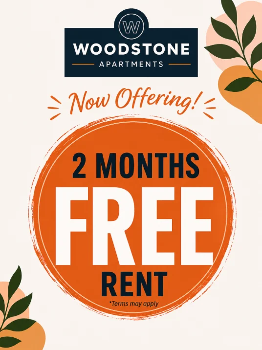 Promotional advertisement for Woodstone Apartments offering two months of free rent.