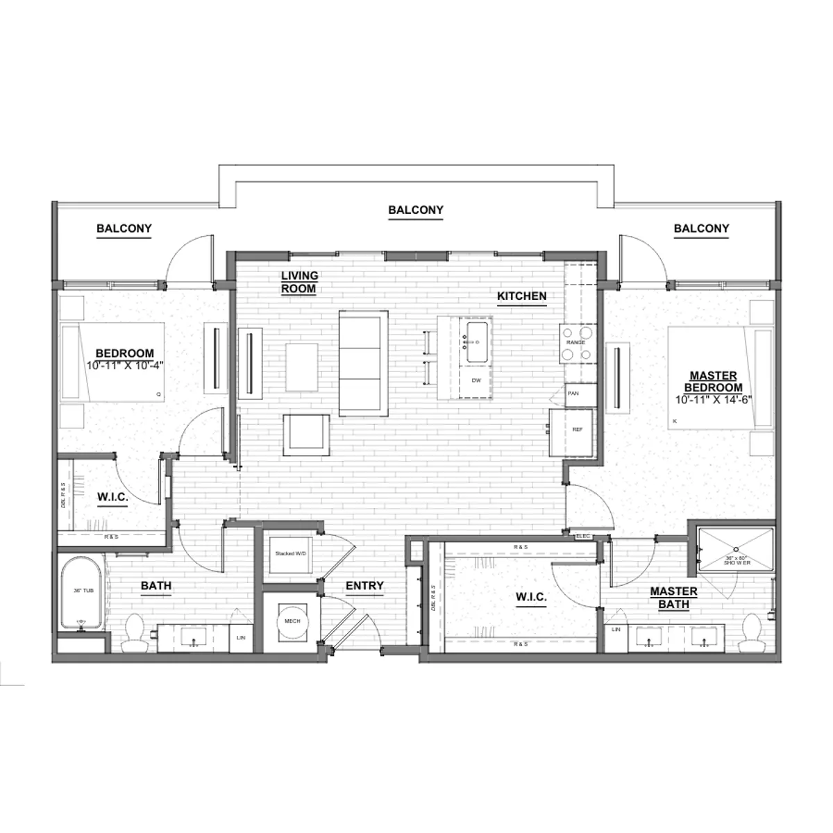 A detailed floor plan of a two-bedroom apartment featuring a living room, kitchen, two balconies, and two bathrooms.