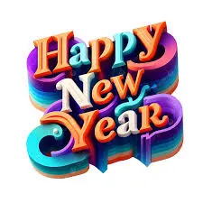 Colorful 3D text design that reads 'Happy New Year' with vibrant layers and a playful font style