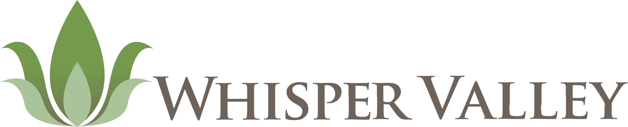 Logo for Whisper Valley featuring a stylized leaf design and the text 'Whisper Valley' in earthy colors.