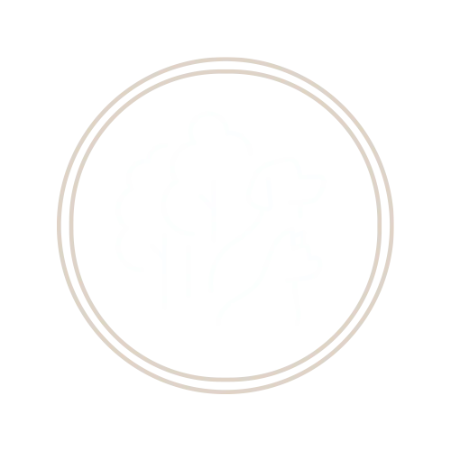 Dog and Nature Icon Icon depicting a dog standing next to a person holding a dog, surrounded by trees.