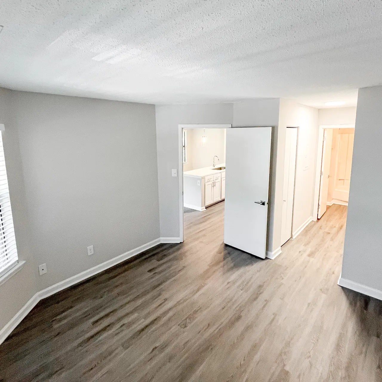 Spacious Living Area A spacious living area featuring new laminate flooring, light grey walls, and open doorways leading to other rooms. Natural light enters through the window on the left side.