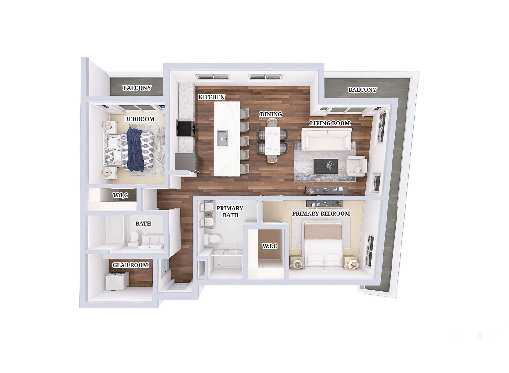 A detailed floor plan of an apartment showing labeled rooms including a primary bedroom, living room, dining room, kitchen, and two balconies.