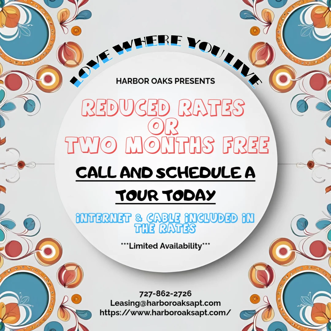 Promotional flyer for Harbor Oaks Apartments advertising reduced rates or two months free rent, featuring colorful floral designs. Information includes a call to action for scheduling a tour, included internet and cable services, and contact details.