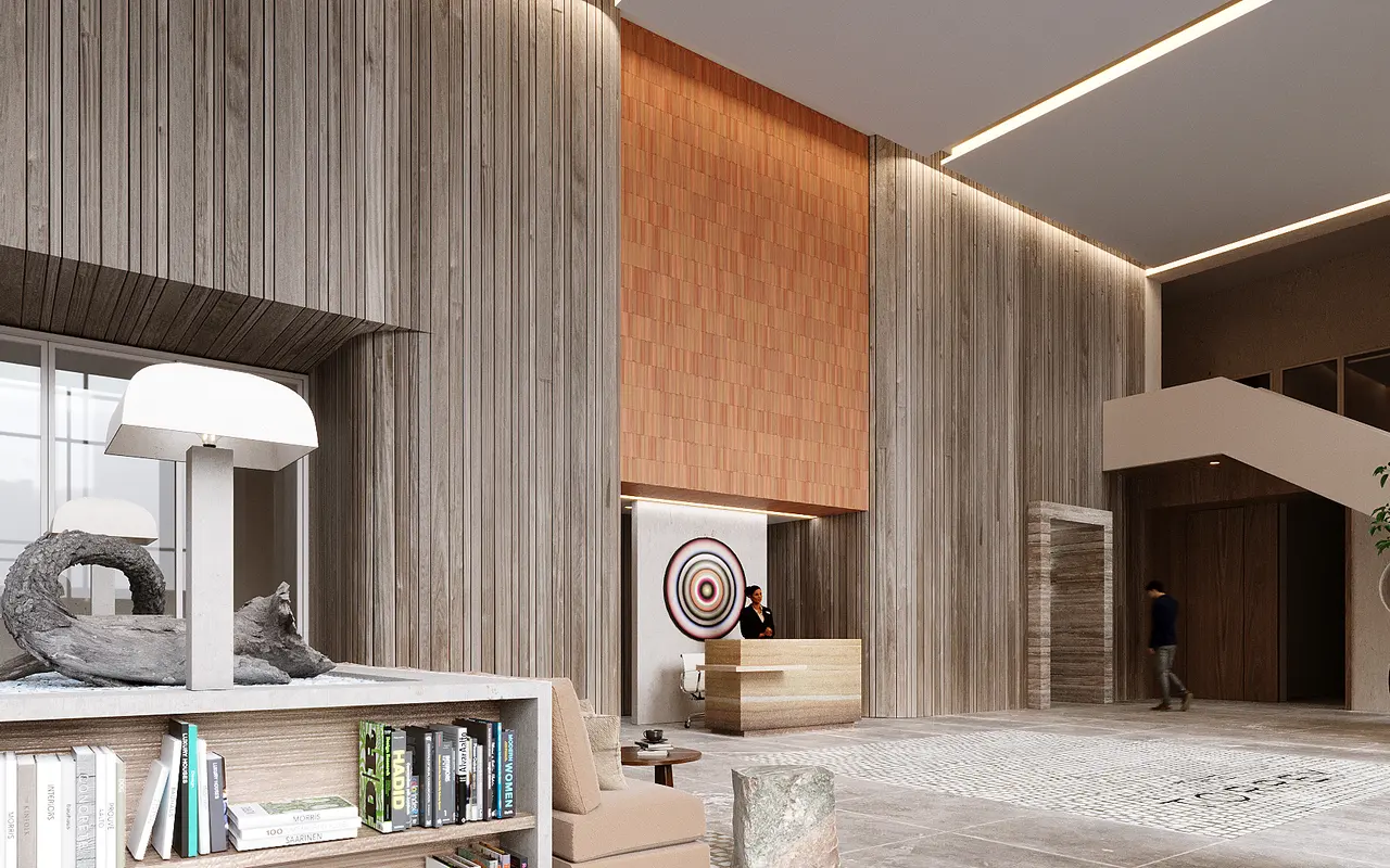 A modern lobby interior featuring wooden walls, a reception desk, and stylish furniture.