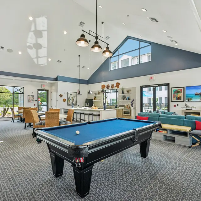 Community Recreational Area A spacious community room featuring a blue billiard table, comfortable seating, and artistic decor. Large windows let in natural light.