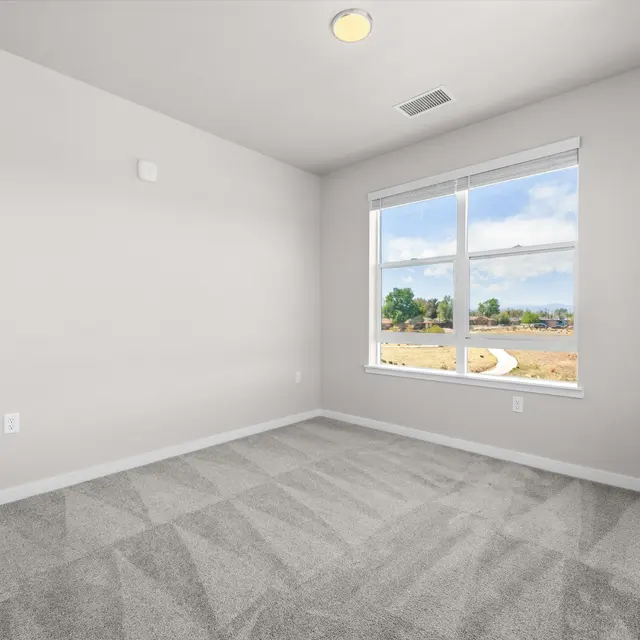 A vacant bedroom with light gray carpet, a large window showing a scenic view, and neutral-colored walls. There is good natural light coming in and the room is uncluttered.