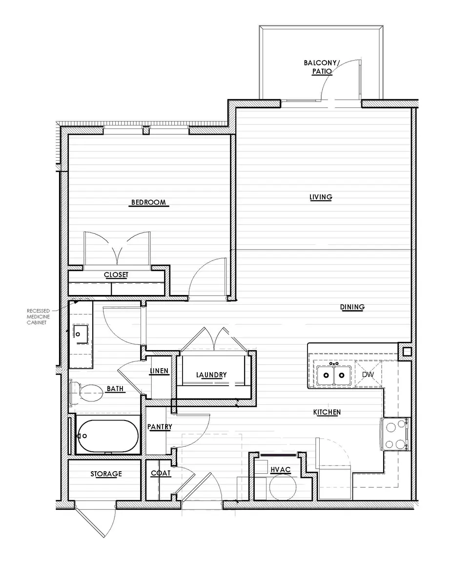 A detailed floor plan layout of an apartment featuring a bedroom, living room, dining area, kitchen, laundry, and bathroom.