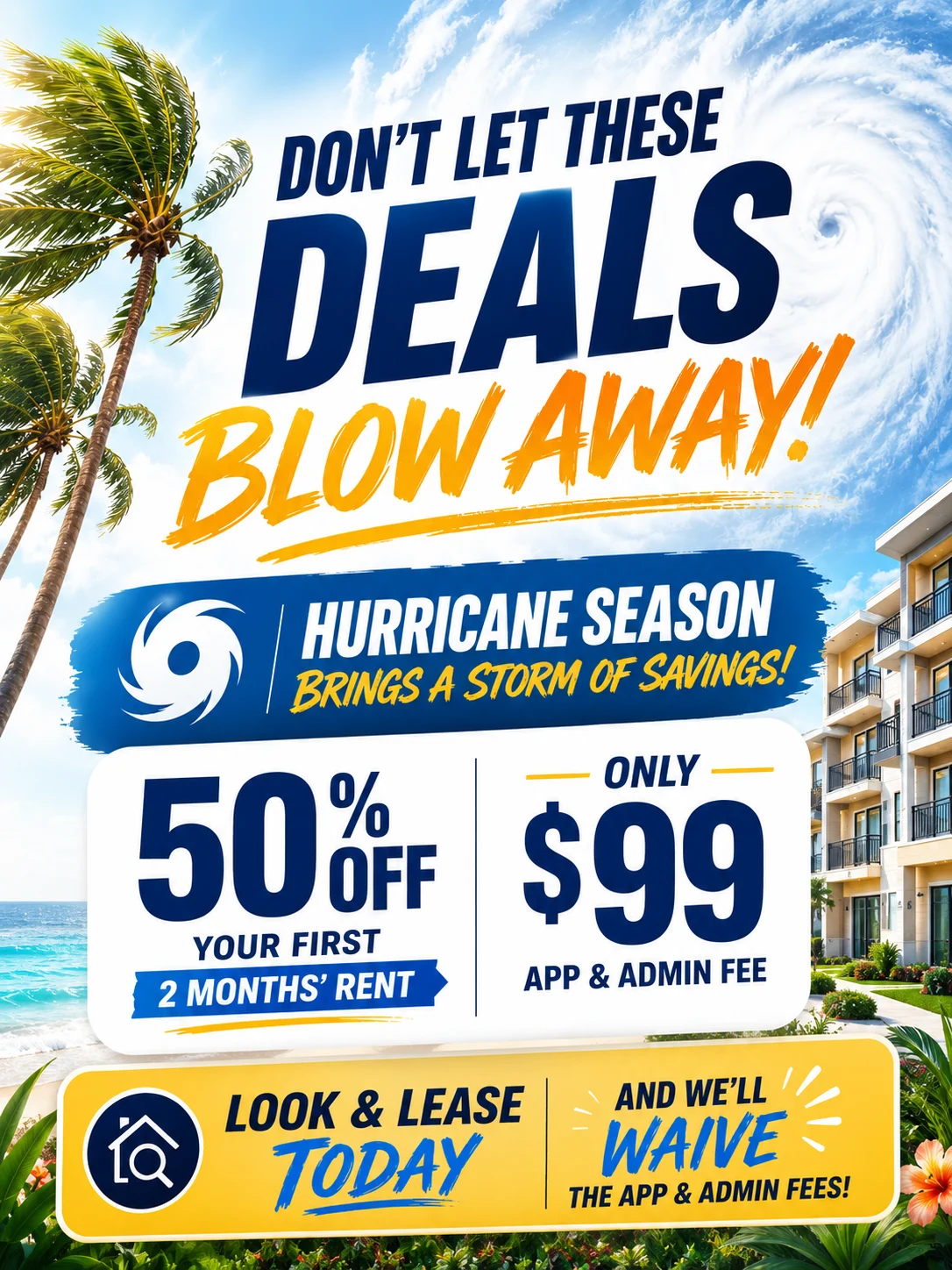 Promotional advertisement featuring tropical palm trees and a coastal view, promoting discounts during hurricane season.