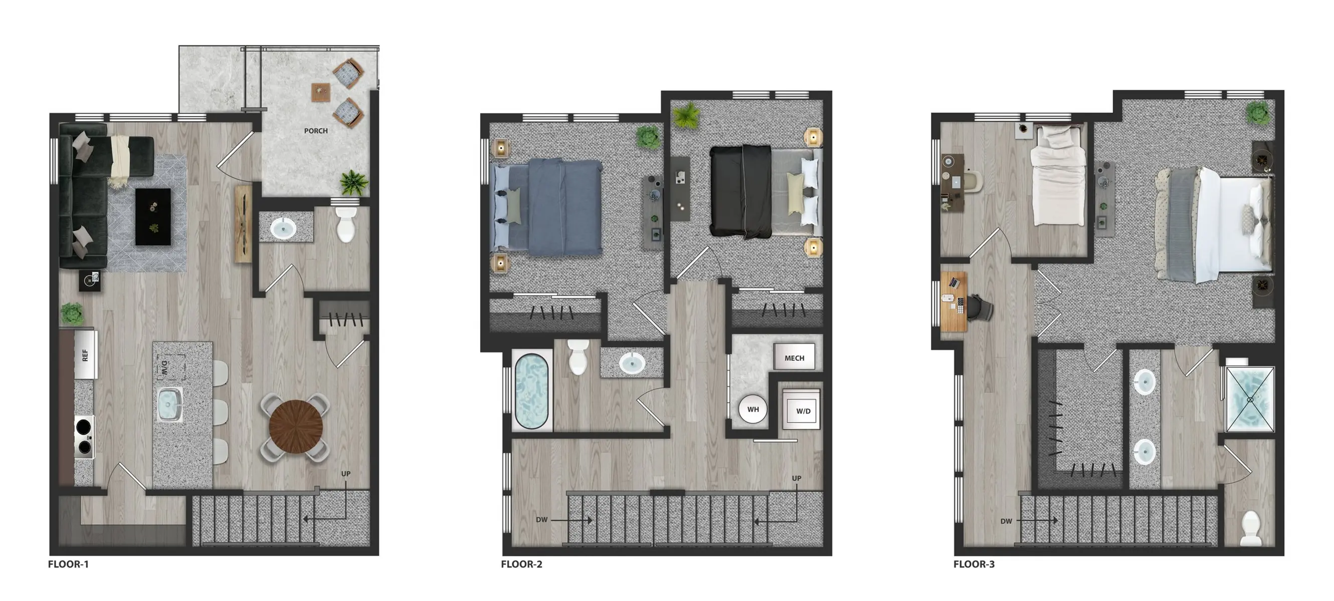 Three detailed floor plans showing different layouts for a residential property, including living areas, bedrooms, and bathrooms.