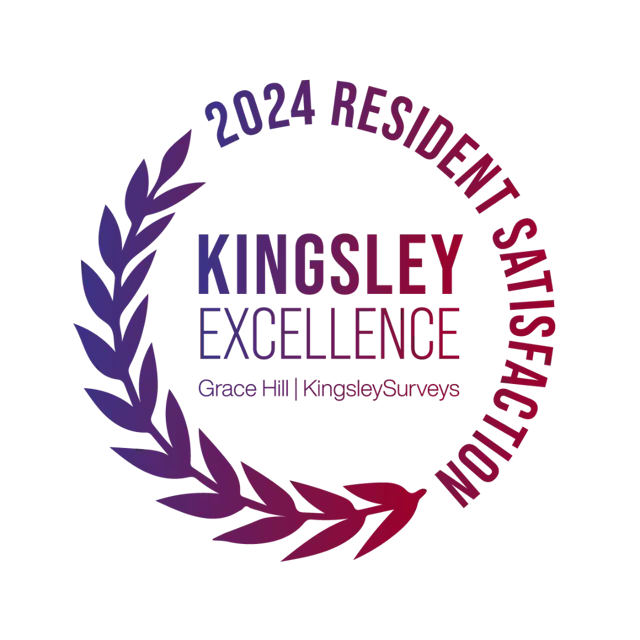 A logo featuring a laurel wreath with the text '2024 Resident Satisfaction', 'Kingsley Excellence', and 'Grace Hill | Kingsley Surveys' in a gradient color scheme.