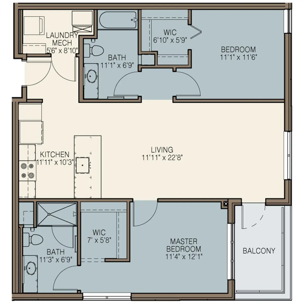 A detailed floor plan of a two-bedroom apartment layout, featuring marked rooms like kitchen, living area, bedrooms, bathrooms, and a balcony.