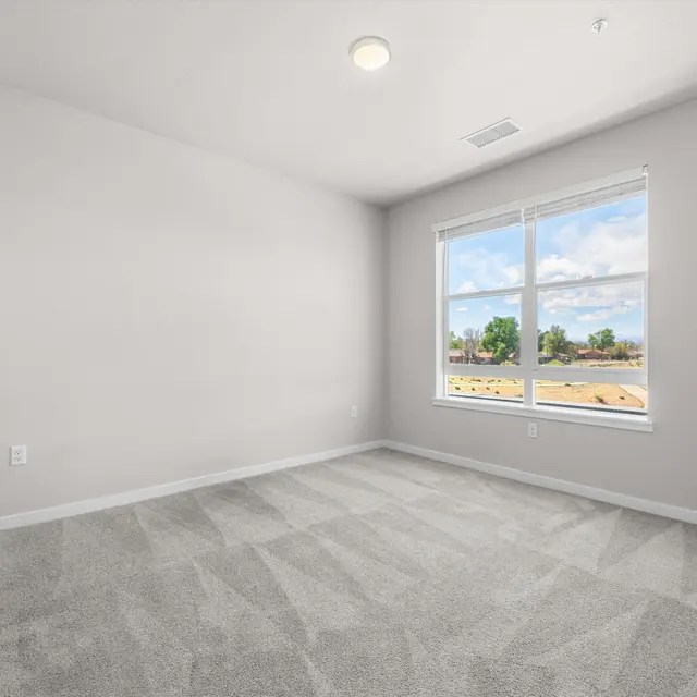A spacious, empty bedroom featuring light gray carpet and neutral-colored walls. A large window allows natural light to enter, with a view of green trees and blue skies outside. The room has a ceiling light fixture and a door on the left leading to another space.